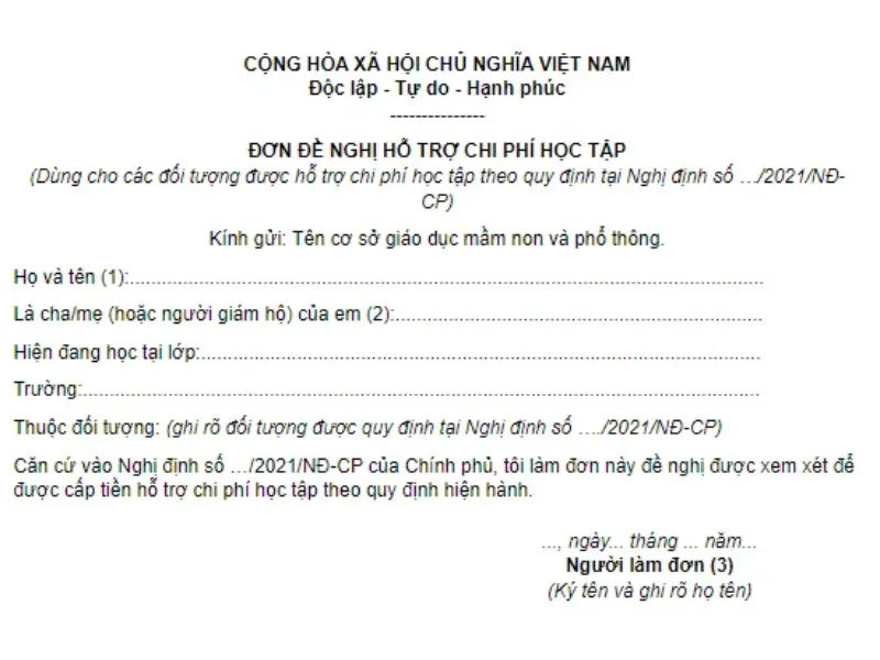Đơn đề nghị hỗ trợ học tập